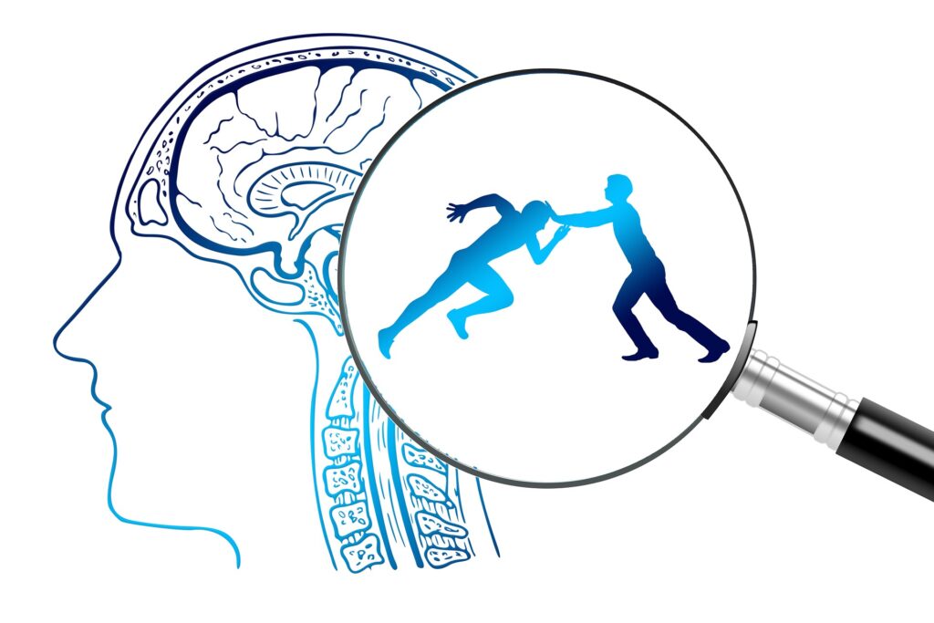 A Brain with a magnifying glass view showing a person fighting against themself.
